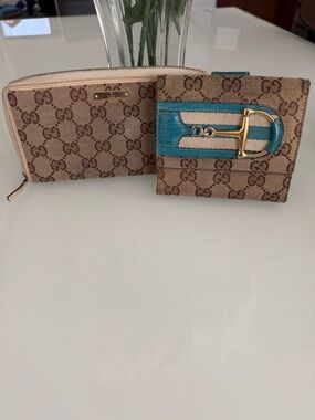 Gucci Beige Monogram Wallet and Teal Accent Bifold
